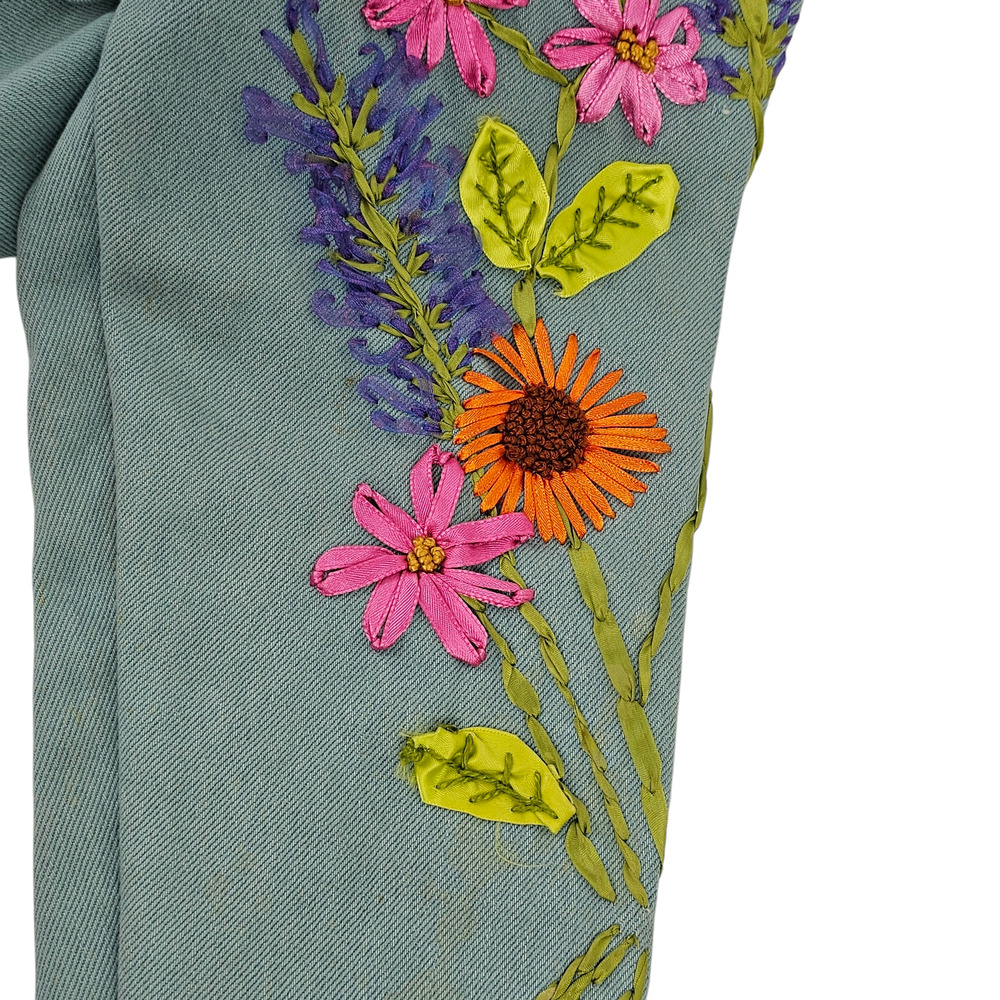 Jacket Upcycled blue green denim ribbon embroidered floral cropped Small - Picture 8 of 13